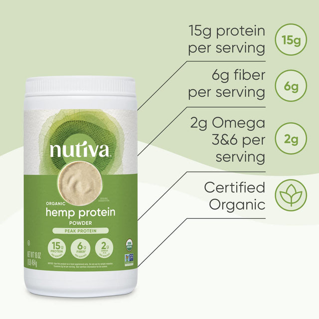 Nutiva Organic Cold-Pressed Raw Hemp Seed Protein Powder, Peak Protein, 16 Ounce, USDA Organic, Non-Gmo, Whole 30 Approved, Vegan, Gluten-Free & Keto, Plant Protein with Essential Amino Acids