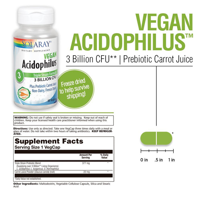 Solaray Acidophilus 3 Strain Probiotic & Prebiotic Carrot Juice | 3 Billion CFU, Vegan & Freeze Dried | 60 Vegcaps