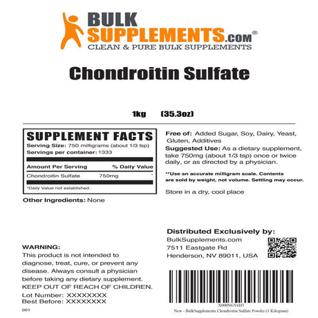 Bulksupplements.Com Chondroitin Sulfate Powder -Bone Strength Supplements - Joint Support Supplement - Joint Vibrancy - Joint Health (1 Kilogram - 2.2 Lbs)