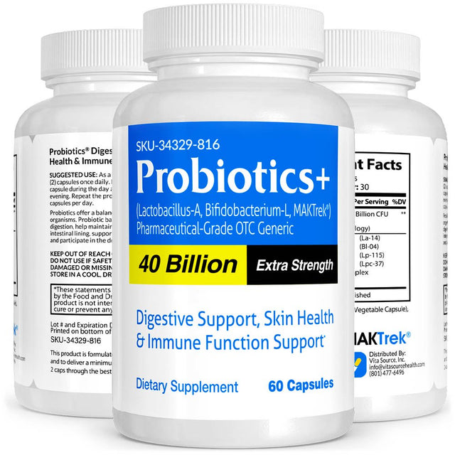 Probiotics+ Pharmaceutical Grade OTC for Digestive Support, Skin Health & Immune Function Support, 40 Billion, Vitasource