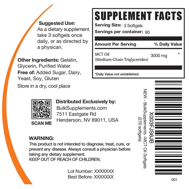 Bulksupplements.Com MCT Oil Softgels, 3000Mg - Energy Boosting Supplement (270 Softgels - 90 Servings)