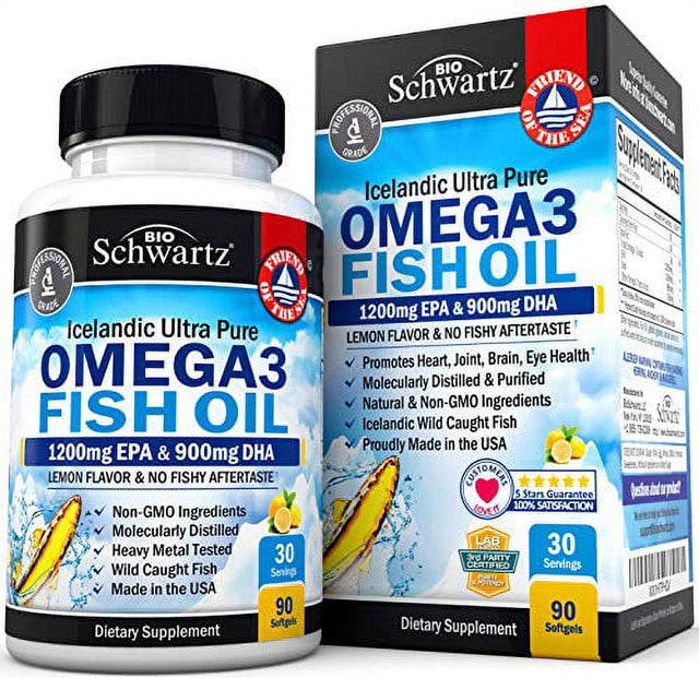 Fish Oil Omega 3 EPA & DHA 2250 Mg - Burpless Lemon Flavor Triple Strength Supplement - Immune & Heart Support Fatty Acids Pills - Promotes Immunity, Joint, Eyes, Brain & Skin Health - Non GMO 90 Ct