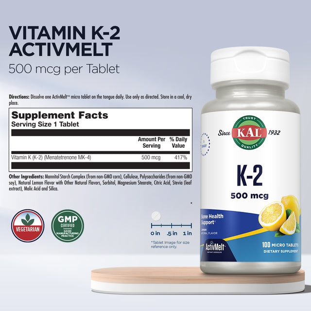 KAL Vitamin K-2 500 Mcg Activmelt | Natural Lemon Flavor | Healthy Bone Formation & Cardiovascular Function Support | Vegetarian | 100 Micro Tablets