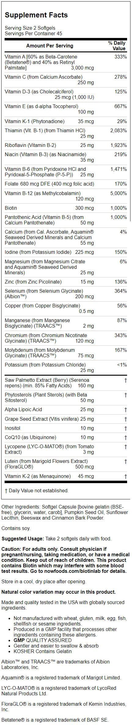 NOW Supplements, ADAM™ Men'S Multivitamin with Saw Palmetto, Plant Sterols, Lycopene & Coq10, 90 Softgels