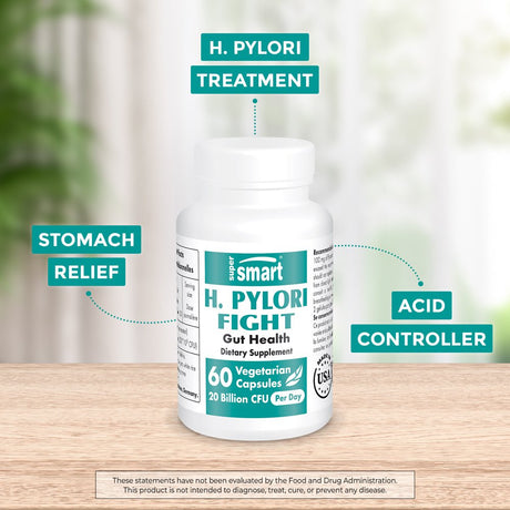 Supersmart - H. Pylori Fight Natural Treatment 20 Billion CFU per Day (Probiotic Lactobacillus Reuteri) - Gastric Acid Reflux Relief - Stomach Repair | Non-Gmo & Gluten Free - 60 Vegetarian Capsules