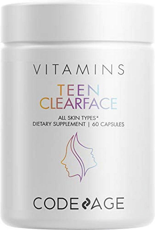 Codeage Teen Clearface Adolescent Face, Skin & Pimples, Vitamins A, C, D3, E, Pantothenic Acid, Niacin, Zinc Supplement Teenagers, Probiotics, L-Lysine, Omega-3, Oily Skin, Pores, Spots - 60 Capsules