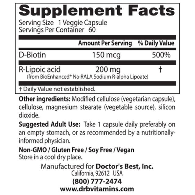 Doctor'S Best Stabilized R-Lipoic Acid with Bioenhanced Na-Rala , Non-Gmo, Gluten Free, Soy Free, Vegan, Helps Maintain Blood Sugar Levels, 200 Mg 60 Veggie Caps