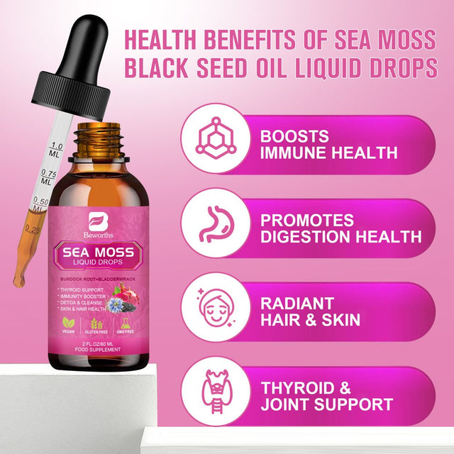 Beworths 3000Mg Sea Moss Liquid Drops - Black Seed Oil & Irish Sea Moss Gel with Burdock Root Bladderwrack, Elderberry - Immunity Booster, Digestive Health - 60Ml