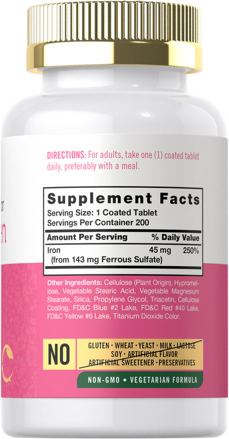 Iron Supplement for Women 45Mg | 200 Tablets | Vegetarian Formula | by Carlyle