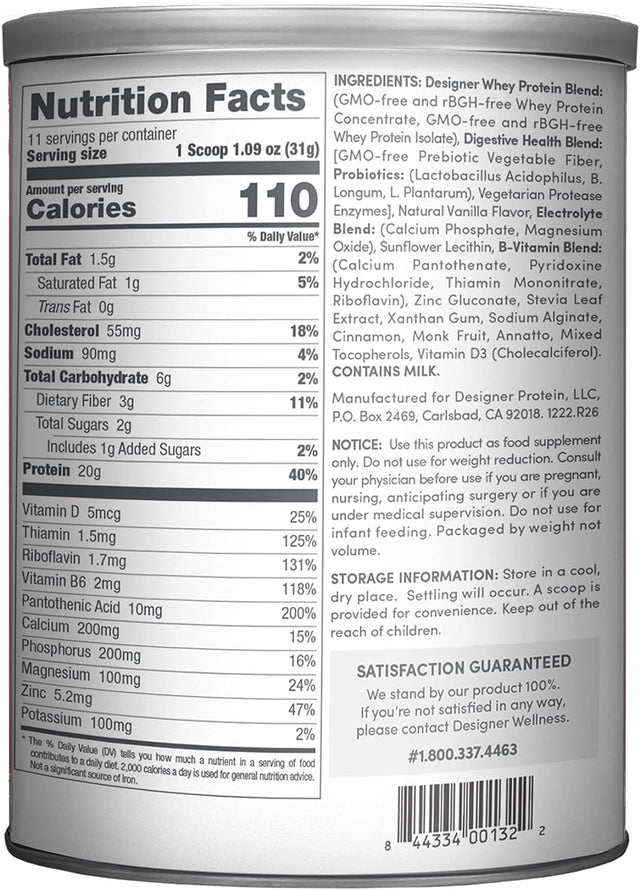 Designer Wellness Designer Whey Natural 100% Whey Protein Powder with Probiotics , Fiber, and Key B-Vitamins for Energy, Gluten-Free, Non-Gmo, French Vanilla 12 Oz