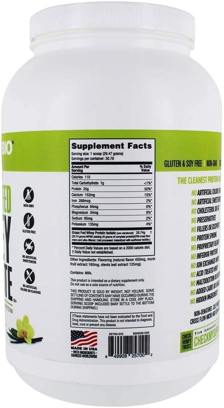 Nutrabio Grass Fed Whey Isolate Protein Powder - 25G of Protein per Scoop - Sugar Free Natural Lean Muscle Protein Supplement - Vanilla - 2 Pounds, 29 Servings