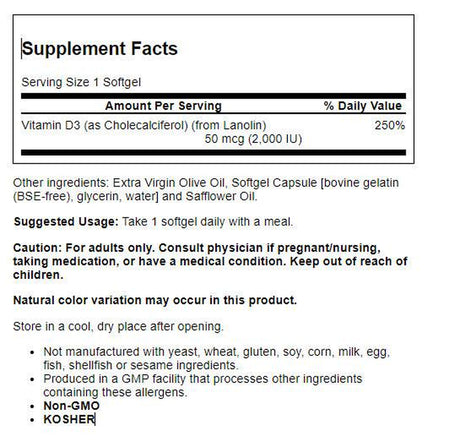 NOW Supplements, Vitamin D-3 2,000 IU, High Potency, Structural Support*, 240 Softgels