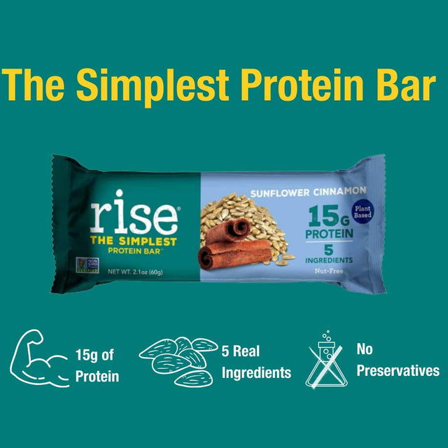 Rise Pea Protein Bar- Vegan Sunflower Cinnamon, Soy Free, Paleo Breakfast & Snack Bar, 15G Protein, 5 Natural Whole Food Ingredients, Simplest Non-Gmo, Vegan, Gluten-Free, Plant Based Protein, 12 Pack