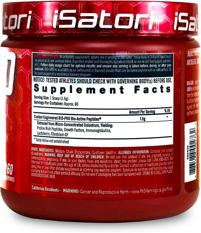 Isatori BIO-GRO Protein Synthesis Amplifier, for Muscle Recovery & Growth, Enhanced Stimulant Free Pre Workout & Colostrum Supplement with Bio-Active Peptides- Unflavored (60 Servings)