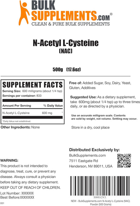 BULKSUPPLEMENTS.COM NAC Powder - N-Acetyl Cysteine 600Mg, NAC Supplement - Antioxidant Support, Gluten Free - 600Mg per Serving, 833 Servings, 500G 1.1 Lbs (Pack of 1)