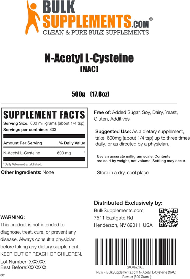 BULKSUPPLEMENTS.COM NAC Powder - N-Acetyl Cysteine 600Mg, NAC Supplement - Antioxidant Support, Gluten Free - 600Mg per Serving, 833 Servings, 500G 1.1 Lbs (Pack of 1)