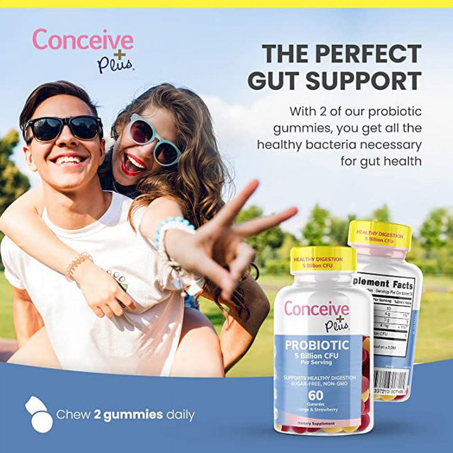 Conceive plus Probiotic Gummies for Men, Women, Kids - 5 Billion CFU Probiotic Gummy for Digestive Health - Assorted Natural Flavors - Sugar-Free Vegan Chewable Daily Adult/Kid Probiotics - 60 Count