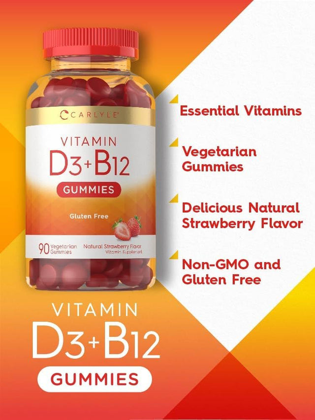 Vitamin D3 + B12 Complex | 90 Vegetarian Gummies | Natural Strawberry Flavor | by Carlyle