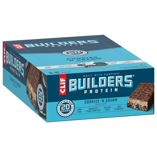 CLIF Builders - Cookies 'N Cream Flavor - Protein Bars - Gluten-Free - Non-Gmo - Low Glycemic - 20G Protein - 2.4 Oz. (12 Count)