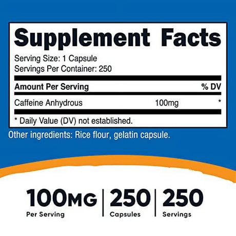 Nutricost Caffeine Pills 100Mg per Serving, 250 Capsules