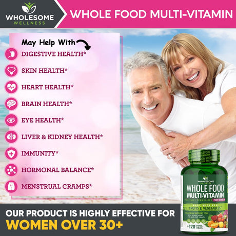 Whole Food Multivitamin for Women - Natural Multi Vitamins, Minerals, Organic Extracts - Vegan Vegetarian - Best for Daily Energy, Brain, Heart & Eye Health - 120 Tablets