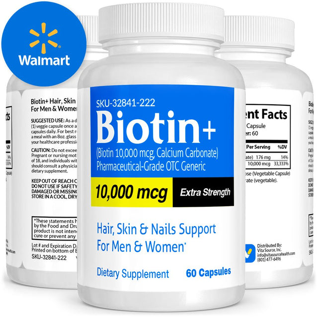 Biotin Pharmaceutical Grade OTC Extra Strength Hair Growth, Skin Health, 60 Ct, Vitasource