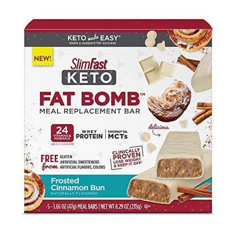 Slimfast Keto Fat Bomb Meal Replacement Whey Protein Bar, Frosted Cinnamon Bun, Low Carb with 7G Protein, 5 Count Box