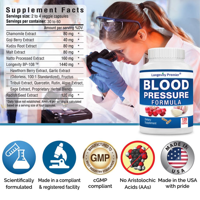 Longevity Blood Pressure Formula [120 Capsules] - with 15+ Natural Herbs. Best Blood Pressure Supplement