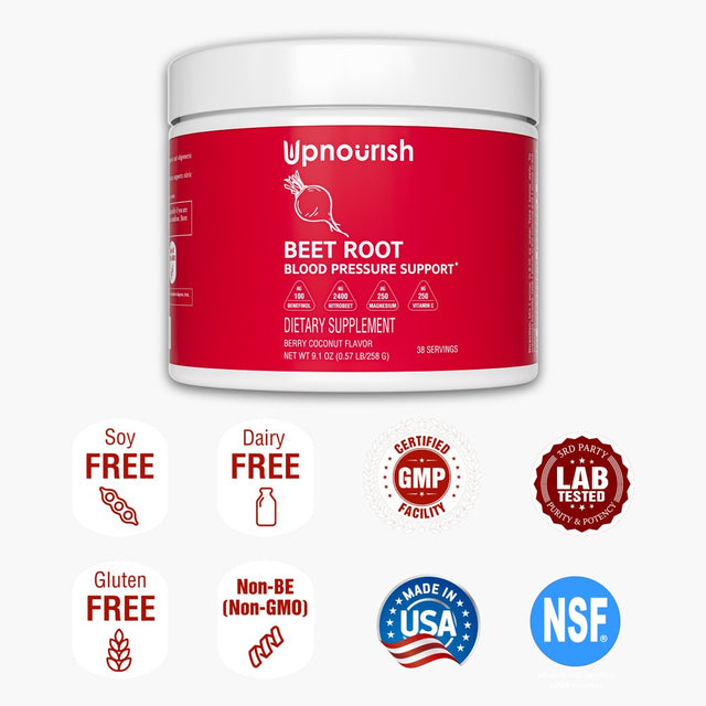 Upnourish Beet Root Powder High Blood Pressure Supplement - Beet Juice Nitric Oxide Blood Flow Heart Health Support - Hawthorn Berry Olive Leaf Potassium Magnesium Citrulline Aged Garlic 38 Servings