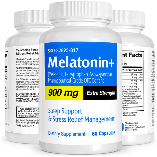 Melatonin+ Pharmaceutical Grade OTC for Sleep Support & Stress Relief, 900 Mg, Vitasource