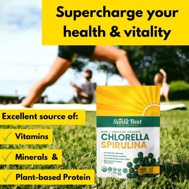 Sunlit Best Organic Chlorella Spirulina 500 Tablets - Pure Superfood Supplement Spirulina Chlorella Pills with Burst & Cracked Cell Wall Algae, Chlorophyll, & Vegan Protein, More Potent than Capsules