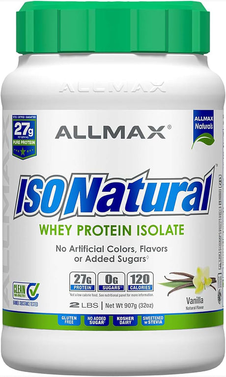 ALLMAX ISONATURAL Whey Protein Isolate, Vanilla - 2 Lb - 27 Grams of Protein per Scoop - Zero Fat & Sugar - 99% Lactose Free - with Prebiotics - No Artificial Flavors - Approx. 29 Servings