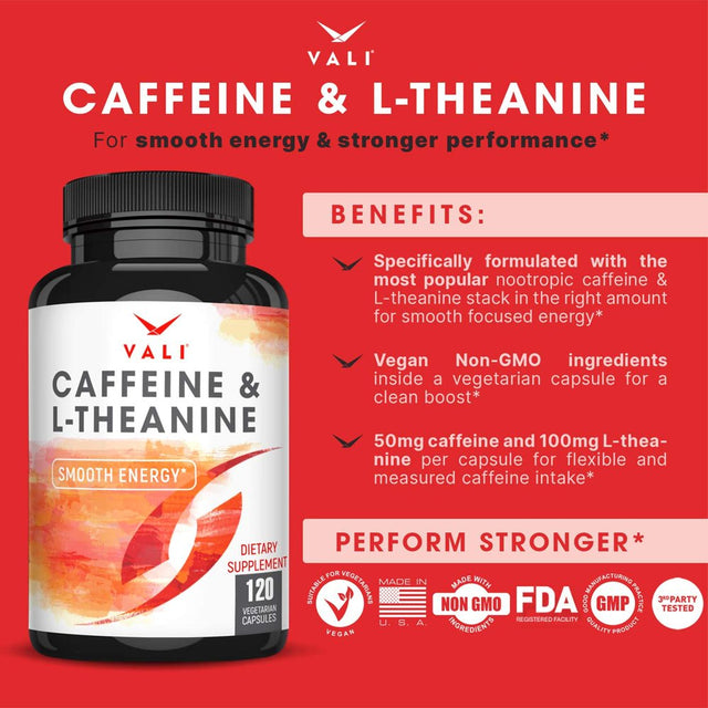 VALI Caffeine & L-Theanine Smooth Focused Energy Nootropic Supplement, 120 Veggie Capsules