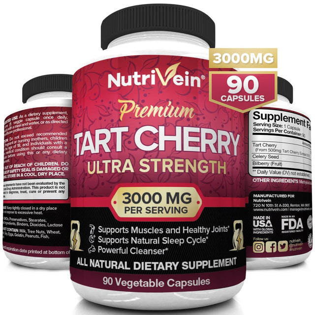 Nutrivein Tart Cherry Capsules 3000Mg - 90 Vegan Pills - Antioxidants, Flavonoids