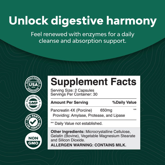 Pancreatin Digestive Enzymes for Digestive Health - Pancreatic Enzymes for Humans with Fat Carb and Protein Digestive Enzymes for Women and Men - Protease Amylase & Lipase Enzymes for Digestion