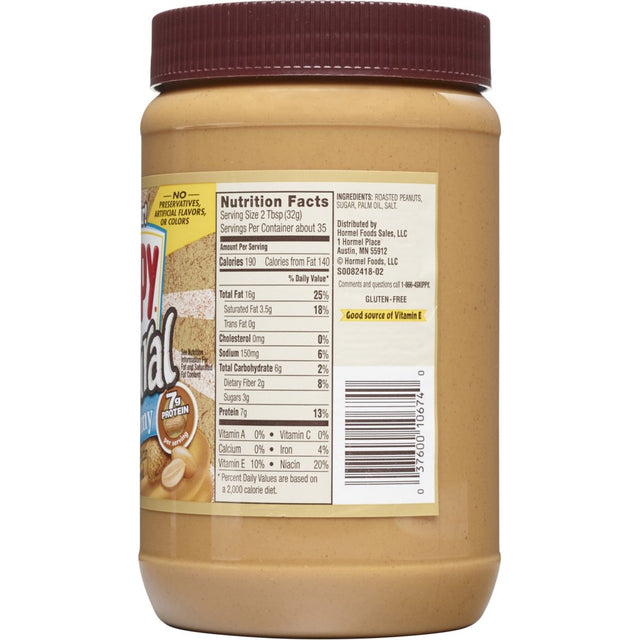 SKIPPY Natural Creamy Peanut Butter Spread, 7 G Protein per Serving, Plastic Jar 40 Oz