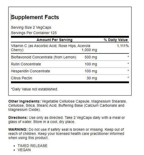 Solaray Super Bio Buffered Vitamin C 1000 Mg with Bioflavonoids, Timed Release Immune Support, 250 Vegcaps