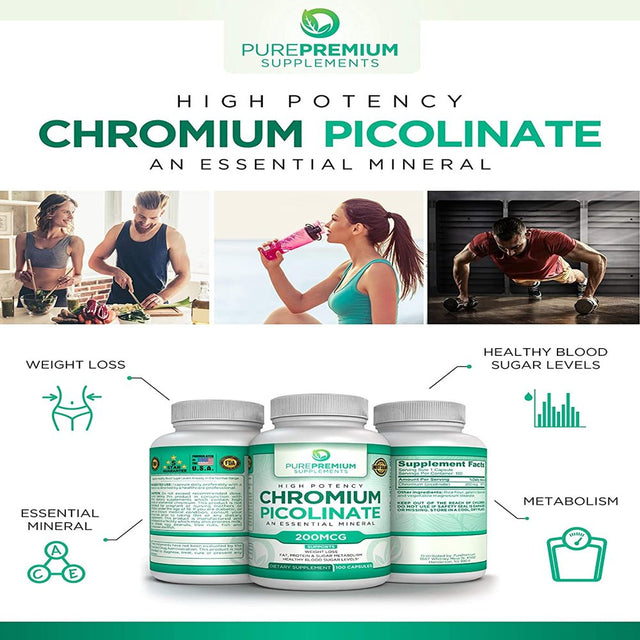 Chromium Picolinate by Purepremium Supplements - Maximum Strength Essential Mineral - Supports Weight Loss, Metabolism, and Healthy Blood Sugar Levels - 200Mcg, 100 Capsules