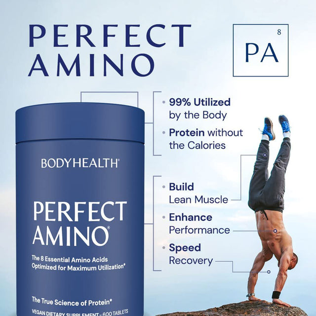 Bodyhealth Perfectamino (600 Tablets) 8 Essential Amino Acids Supplements with BCAA, Increase Muscle Recovery, Boost Energy & Stamina, 99% Utilization, Vegan Branched Chain Protein Pre/Post Workou