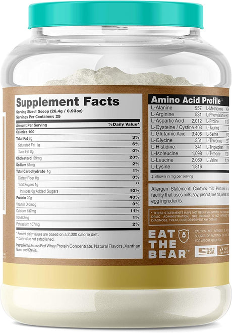 Eat the Bear Naturally Grass Fed Whey Protein Powder, Vanilla,1.62Lbs