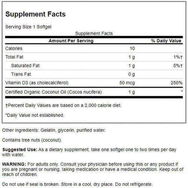 Swanson Vitamin D-3 with Coconut Oil - High Potency 2,000 Iu 60 Softgels