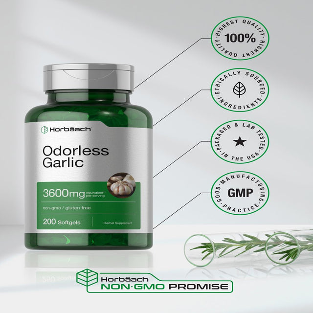 Odorless Garlic | 3600 Mg | 200 Softgels | Potent Garlic Extract | by Horbaach