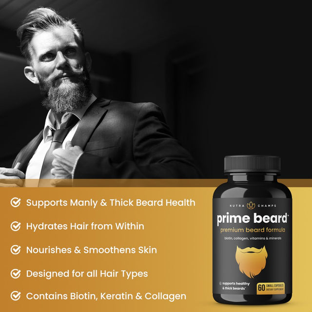 Nutrachamps Prime Beard Vitamins | Manly, Thick, Fast & Healthy Facial Hair for Men | Beard Vitamins with Biotin, Collagen & Saw Palmetto | Beard Pills for All Hair & Beard Types