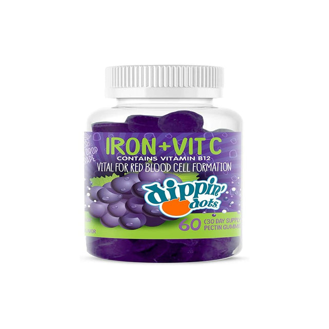 Dippin' Dots - Iron with Vitamin C & B12 Gummies (60 Count) Vital for Red Blood Cell Formation | Gum Drop Grape Real Pectin Fruit Chew Supplements | Vegan, Non-Gmo, Gluten Free & Gelatin Free