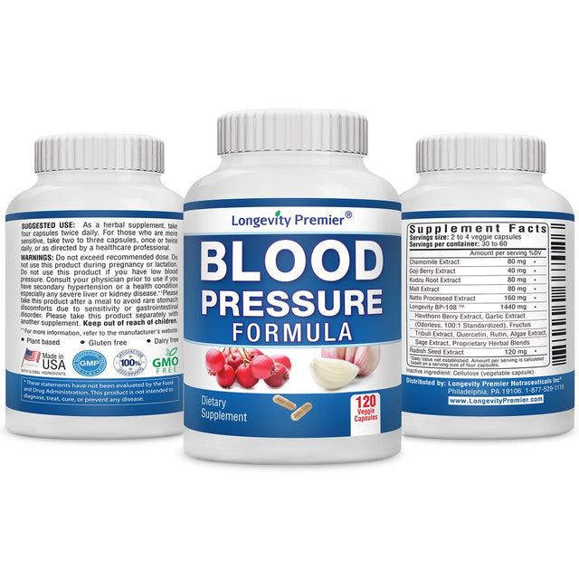 Longevity Blood Pressure Formula [120 Capsules] - with 15+ Natural Herbs. Best Blood Pressure Supplement