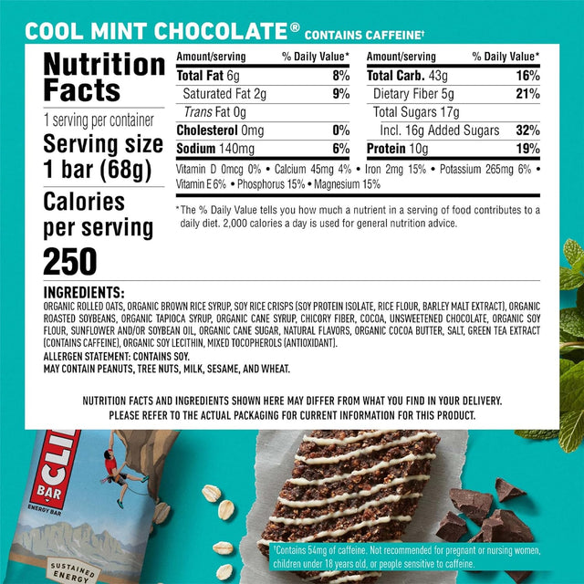 CLIF BAR - Cool Mint Chocolate with Caffeine - Made with Organic Oats - 10G Protein - Non-Gmo - Plant Based - Energy Bars - 2.4 Oz. (12 Count)