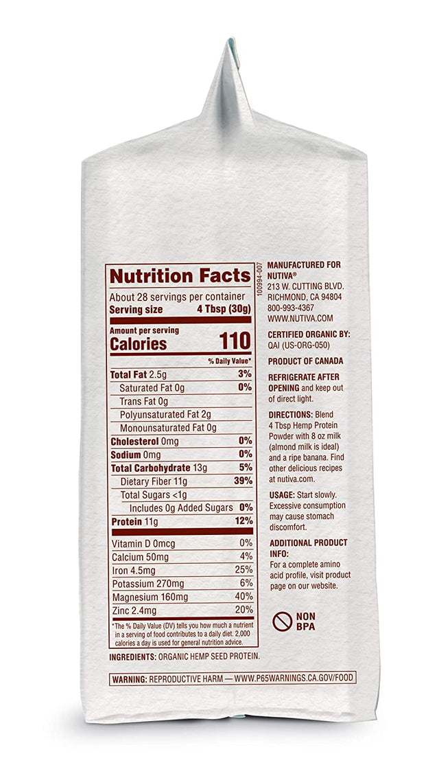 Nutiva USDA Organic Cold-Pressed Raw Hemp Seed Plant Protein with Hi-Fiber and Essential Amino Acids Powder, Non-Gmo, Whole 30 Approved, Vegan, Gluten-Free & Keto, 30 Ounce