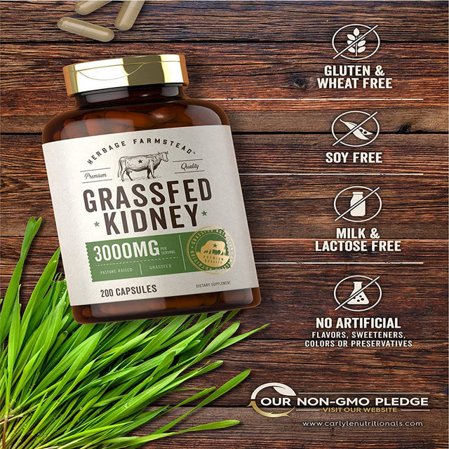 Grassfed Beef Kidney | 3000Mg | 200 Capsules | by Herbage Farmstead