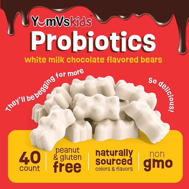 YUM-V'S - Probiotics for Kids with Prebiotic Fiber Milk Chocolate Chewable Supplements (1 Pack - 40 Count) - Kids Probiotic Dietary Supplement Chewables for Digestive Health - Toddlers, Kids & Teens