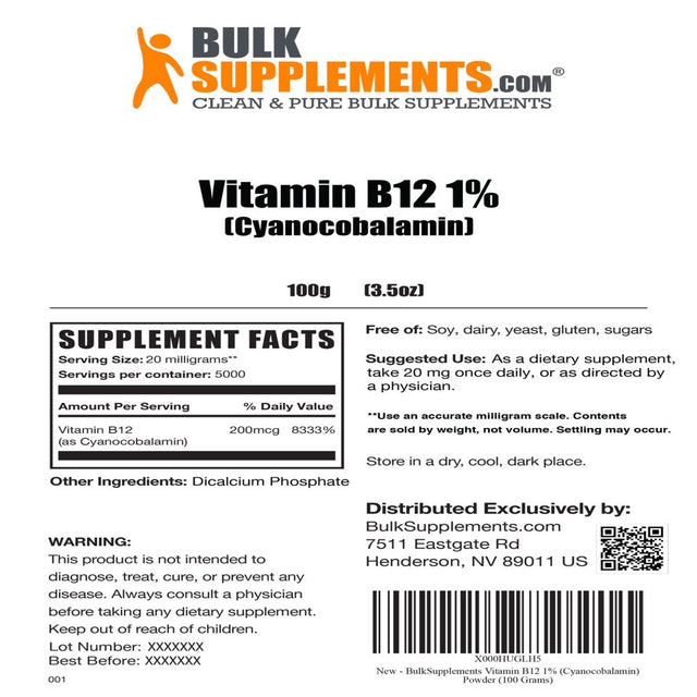 Bulksupplements.Com Vitamin B12 1% (Cyanocobalamin) Powder - B12 Vitamins - Vegan Vitamin - Vitamin B12 Supplements (100 Grams - 3.5 Oz)